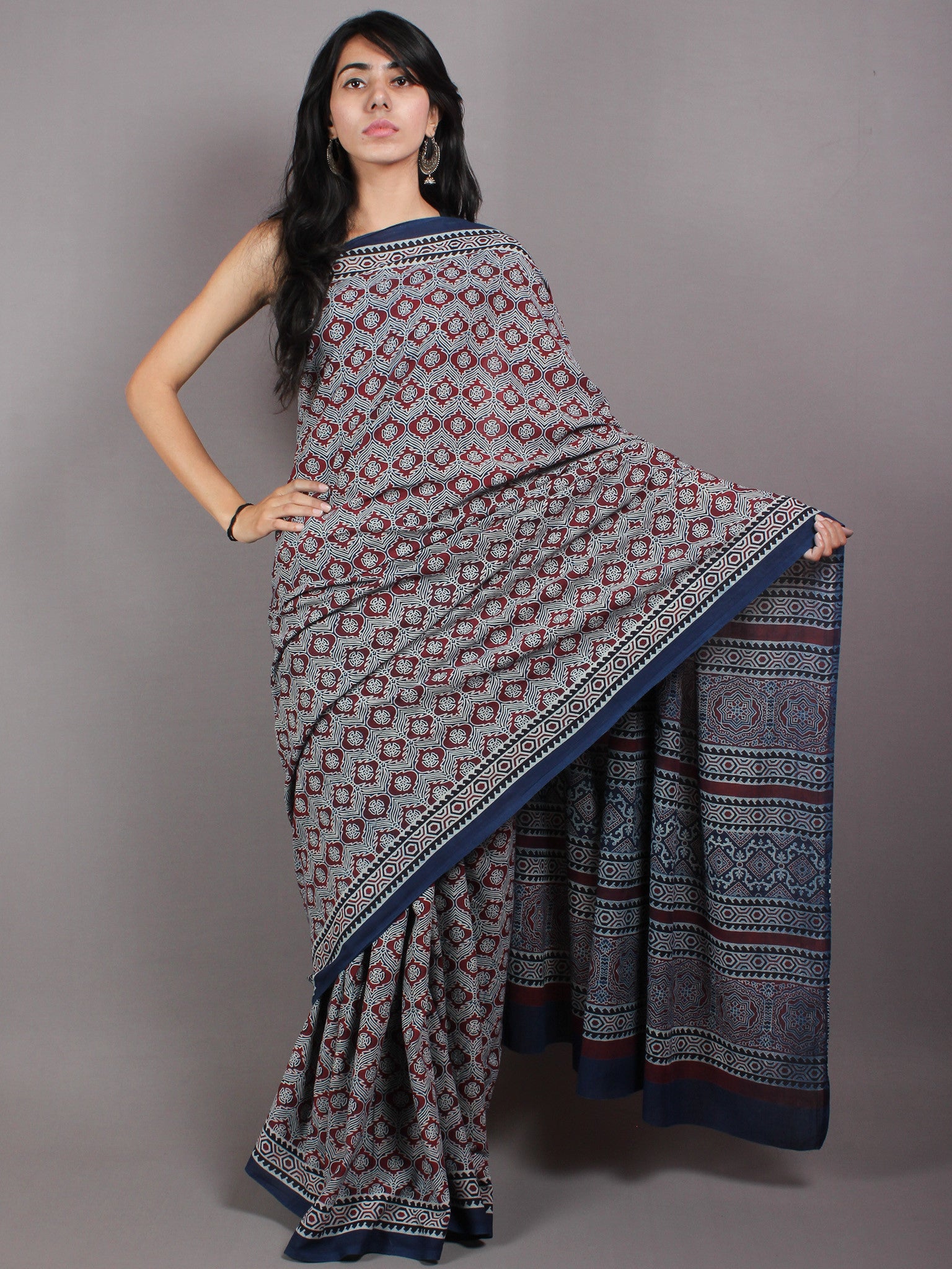Buy Indigo String Ajrakh Cotton Saree Online - House Of Elegance