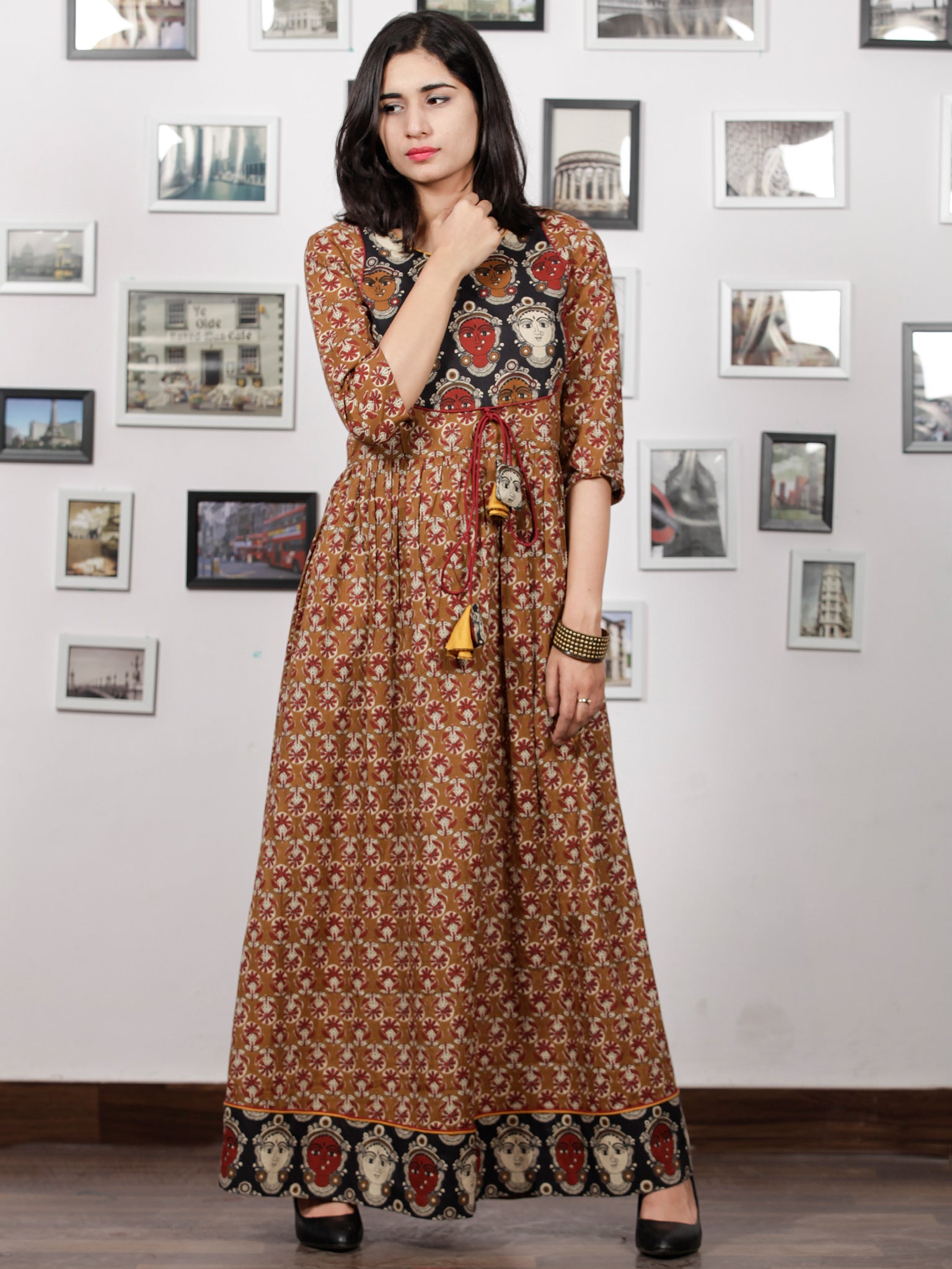 Peanut Brown Beige Maroon Black Hand Block KalamKari Printed Long Cott