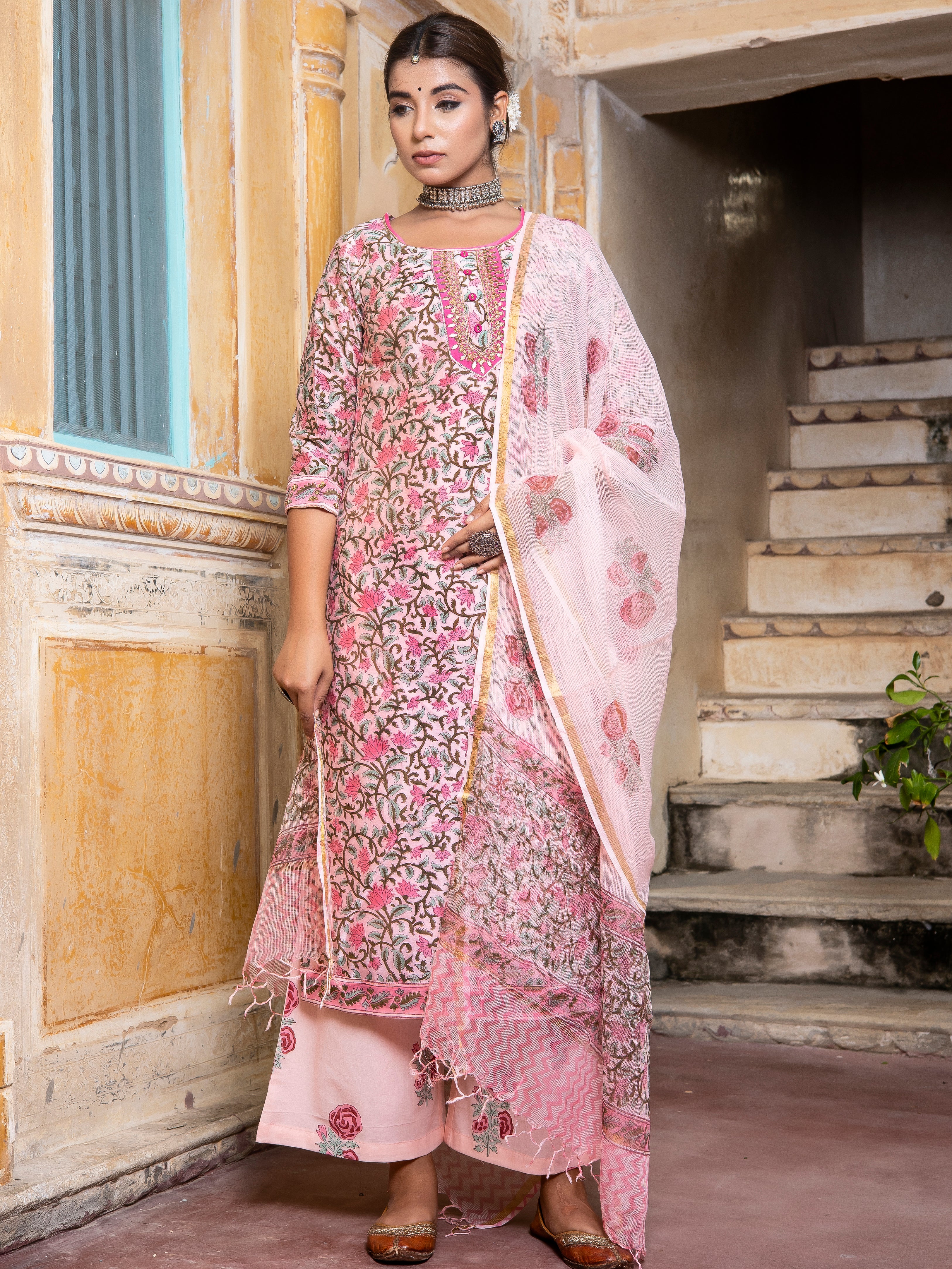 Buy Pink Kurta Chanderi Pant Cotton Dupatta Kota Doriya Set For
