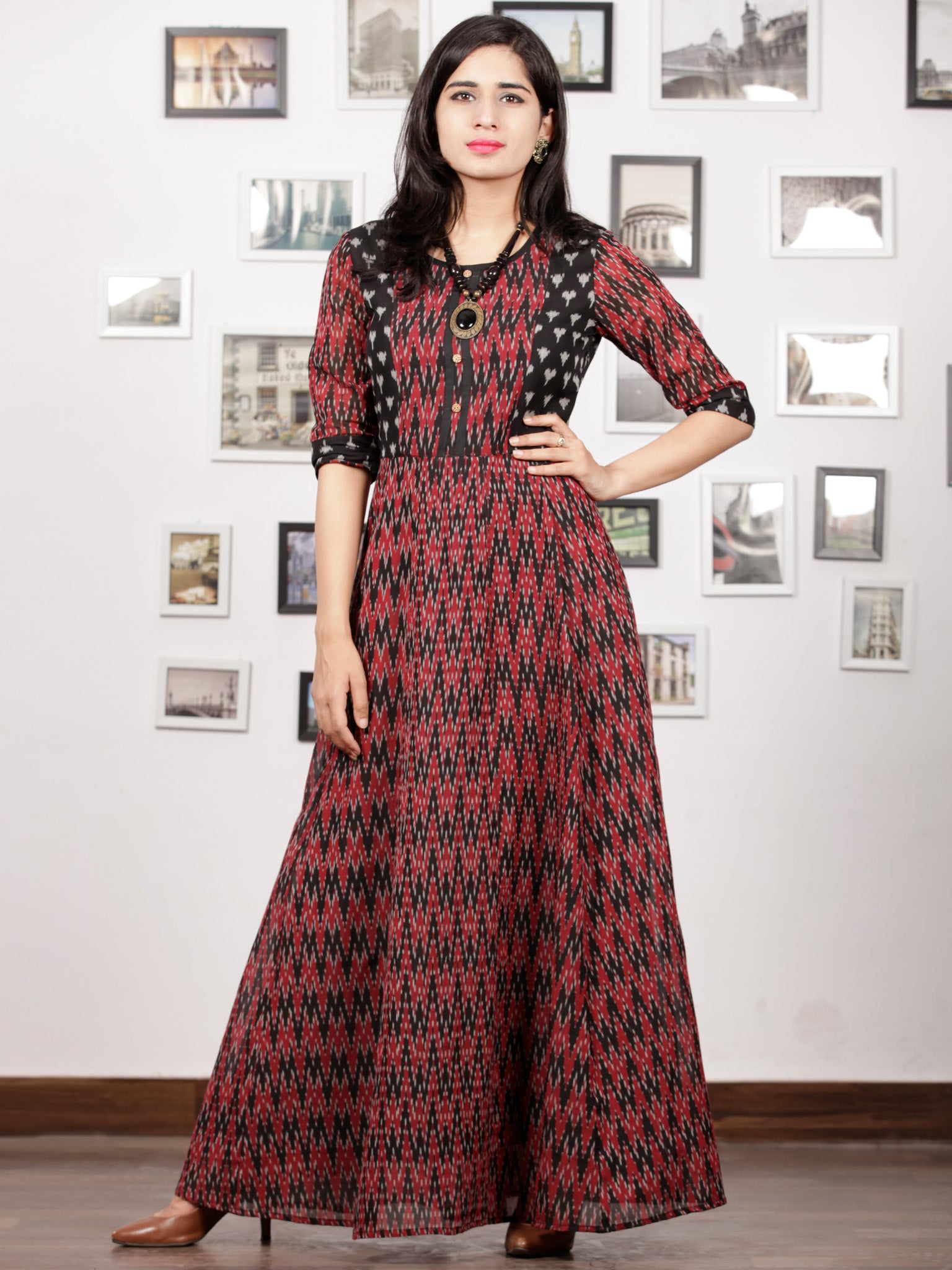 Maroon Black Handloom Mercerised Ikat Long Cotton Princess Cut Dress InduBindu