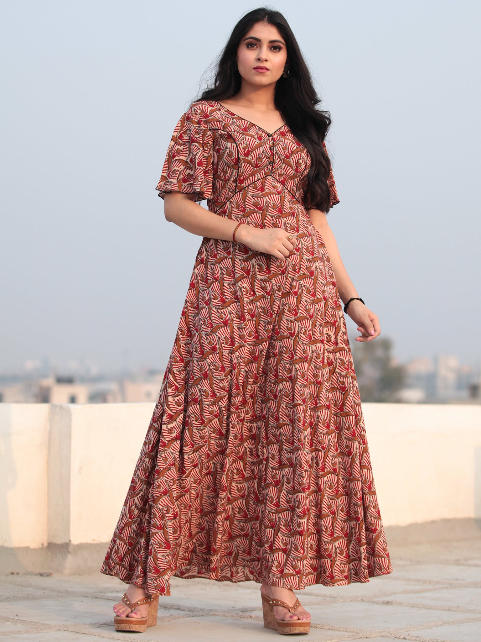 Red Beige Hand Block Printed V Back Ruffle Sleeves Cotton Long Dress D InduBindu