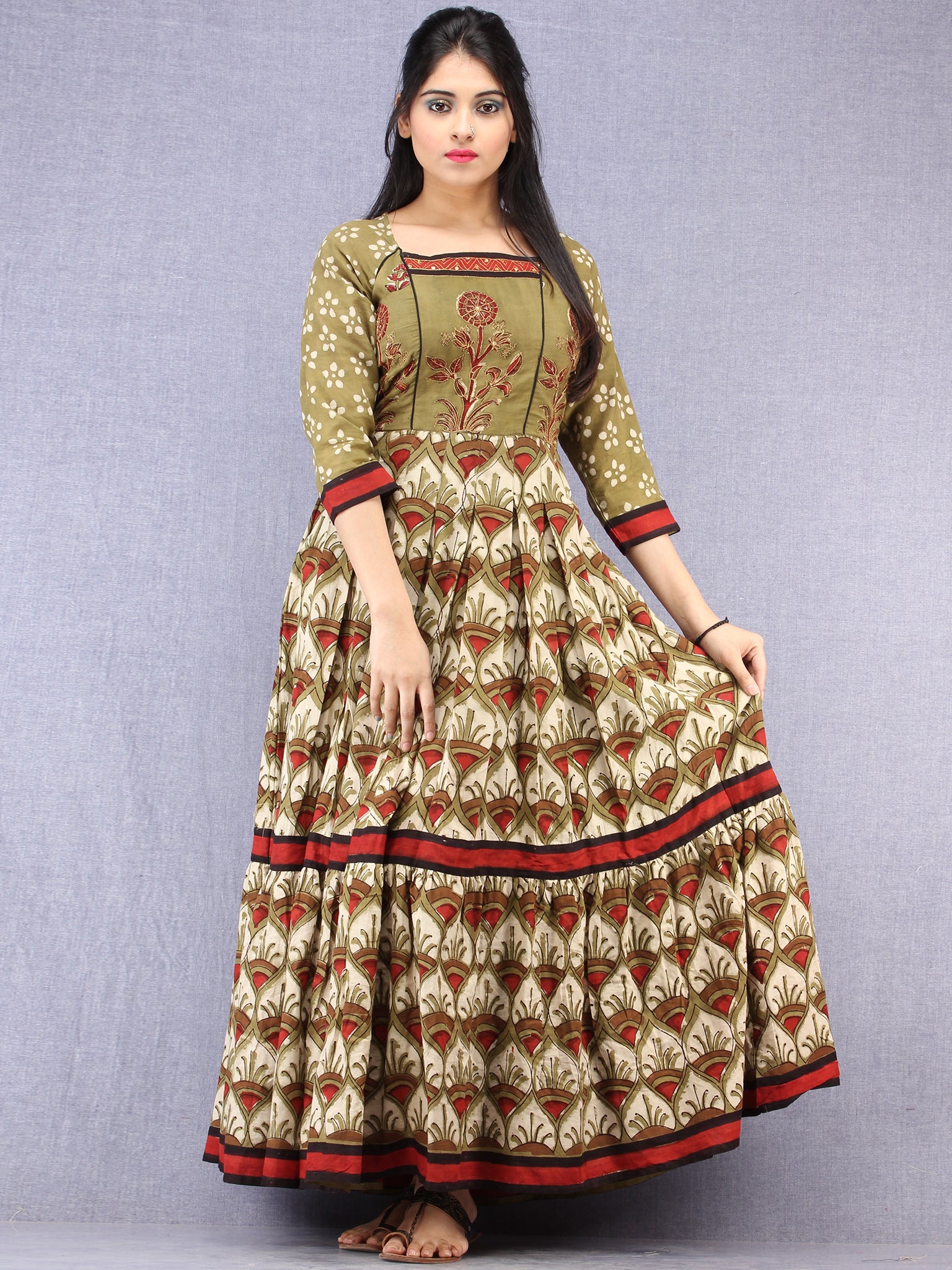 Naaz Mahreen Hand Block Mughal Printed Long Cotton Embroidered Dress InduBindu