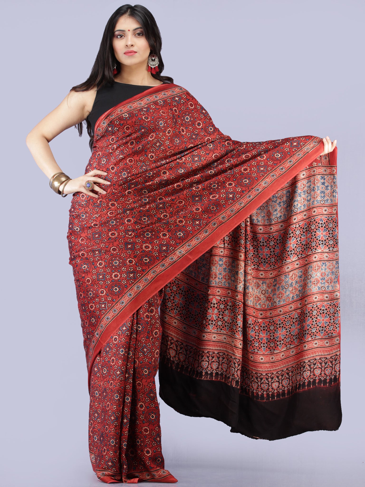 Red Violet Bandhani Ajrakh Hand Block Print Natural Modal Silk Saree –  Dharang