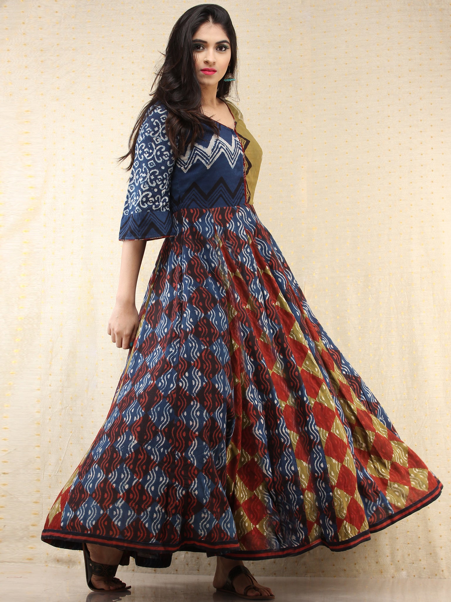 Naaz Mannat - Hand Block Printed Long Cotton Panel Dress - Ds87f001 