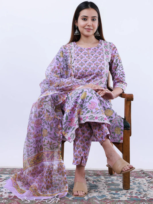 Roz Veena Set Of Kurta Pants Kota Doria Dupatta