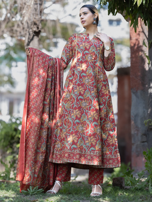 Roz Mita Set Of Kali Kurta Pants Dupatta