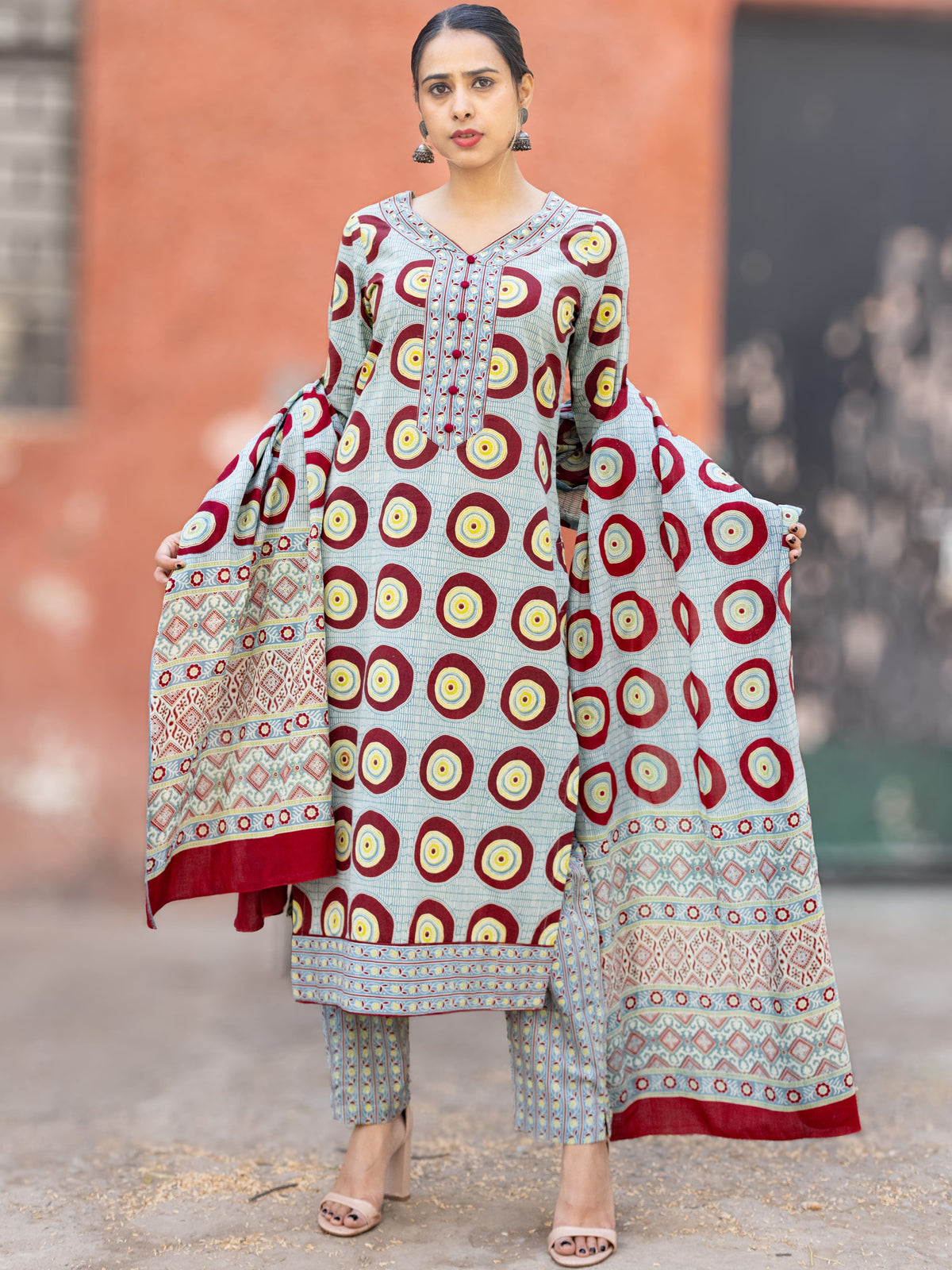 Roz Sana Set Of Ajrakh Kurta Pants Dupatta