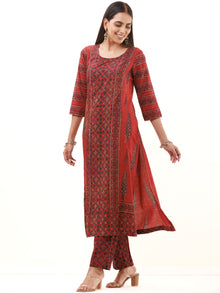 Ajrakh Maina Set Of Kurta Pants Dupatta