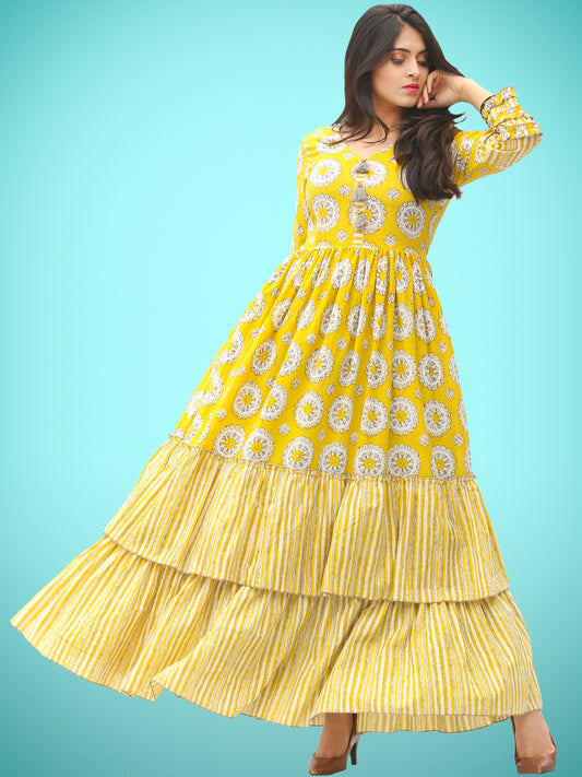 Rabia - Yellow Grey White Block Printed Long Ruffle Dress - D399F2018