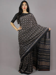 Black Blue Maroon Mughal Nakashi Ajrakh Hand Block Printed in Natural Vegetable Colors Cotton Mul Saree - S031701270