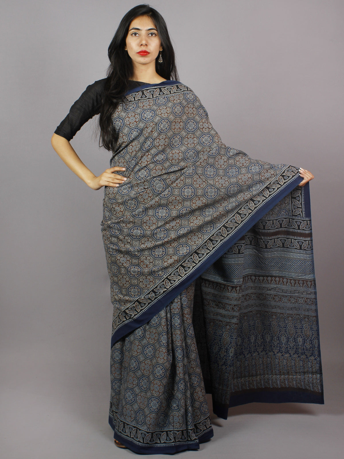 Indigo Brown Beige Black Mughal Nakashi Ajrakh Hand Block Printed in Natural Vegetable Colors Cotton Mul Saree - S031701274