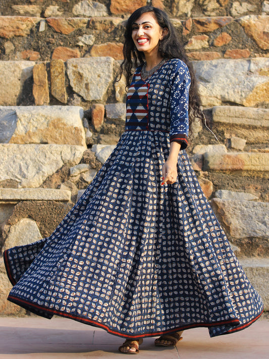 Indigo White Maroon Hand Block Cotton Dress Voluminous Flare