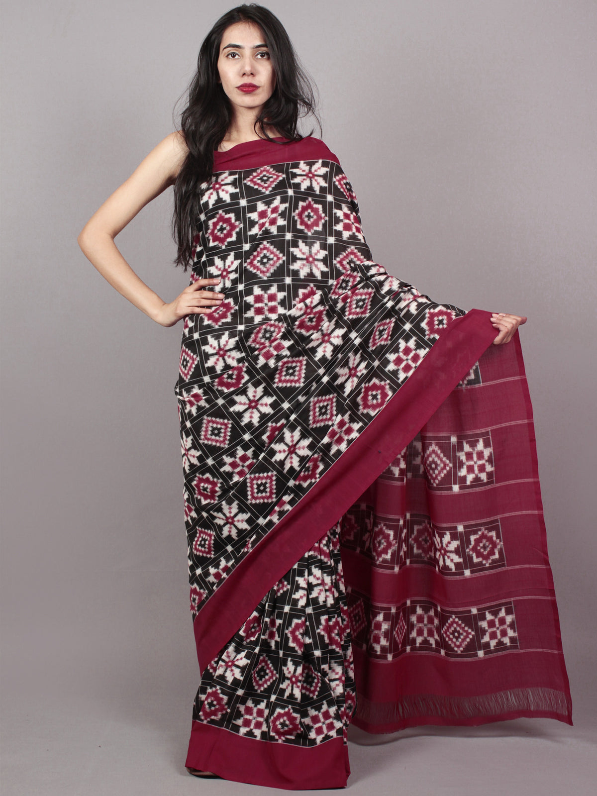 Black Maroon Ivory Telia Rumal Double Ikat Handwoven Pochampally Mercerized Cotton Saree - S031701539