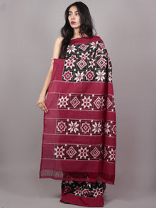 Black Maroon Ivory Telia Rumal Double Ikat Handwoven Pochampally Mercerized Cotton Saree - S031701539