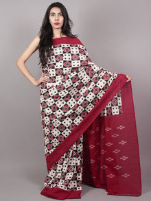 Black Red Ivory Telia Rumal Double Ikat Handwoven Pochampally Mercerized Cotton Saree - S031701540