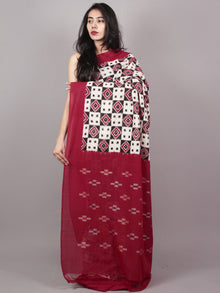 Black Red Ivory Telia Rumal Double Ikat Handwoven Pochampally Mercerized Cotton Saree - S031701540