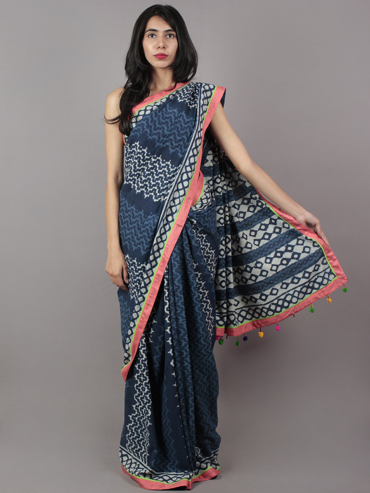 Indigo Ivory Hand Block Printed Cotton Saree With Peach Border & Tassels - S031701711