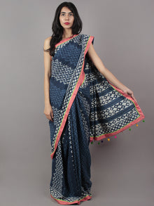 Indigo Ivory Hand Block Printed Cotton Saree With Peach Border & Tassels - S031701711