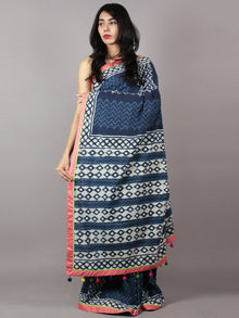 Indigo Ivory Hand Block Printed Cotton Saree With Peach Border & Tassels - S031701711