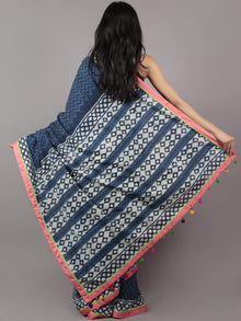 Indigo Ivory Hand Block Printed Cotton Saree With Peach Border & Tassels - S031701711