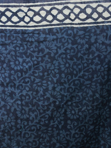 Indigo Ivory Hand Block Printed Cotton Saree With Peach Border & Tassels - S031701711