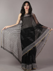 Black Ivory Hand Block Printed Chiffon Saree - S031701825