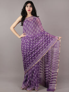 Purple Off White Hand Block Printed Chiffon Saree - S031701854