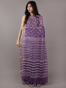 Purple Off White Hand Block Printed Chiffon Saree - S031701854