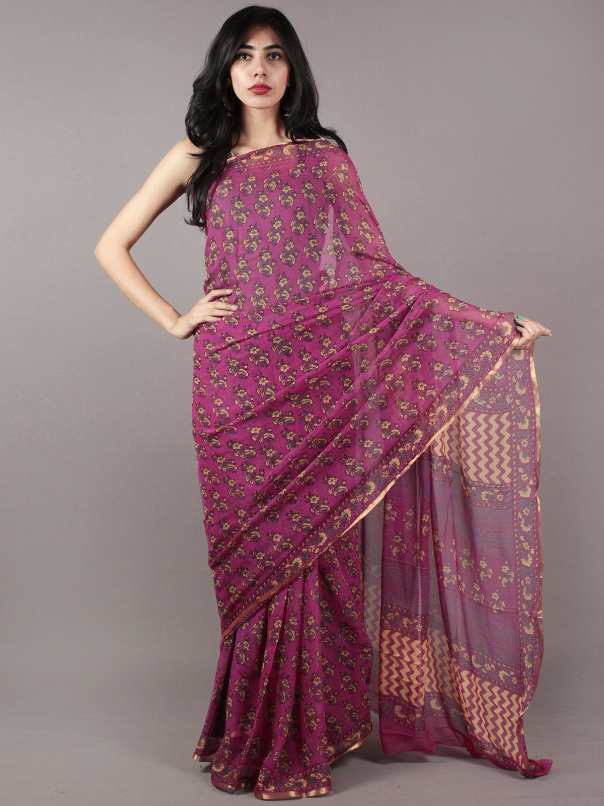 Pink Yellow Grey Hand Block Printed Chiffon Saree - S031701866