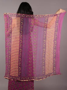 Pink Yellow Grey Hand Block Printed Chiffon Saree - S031701866