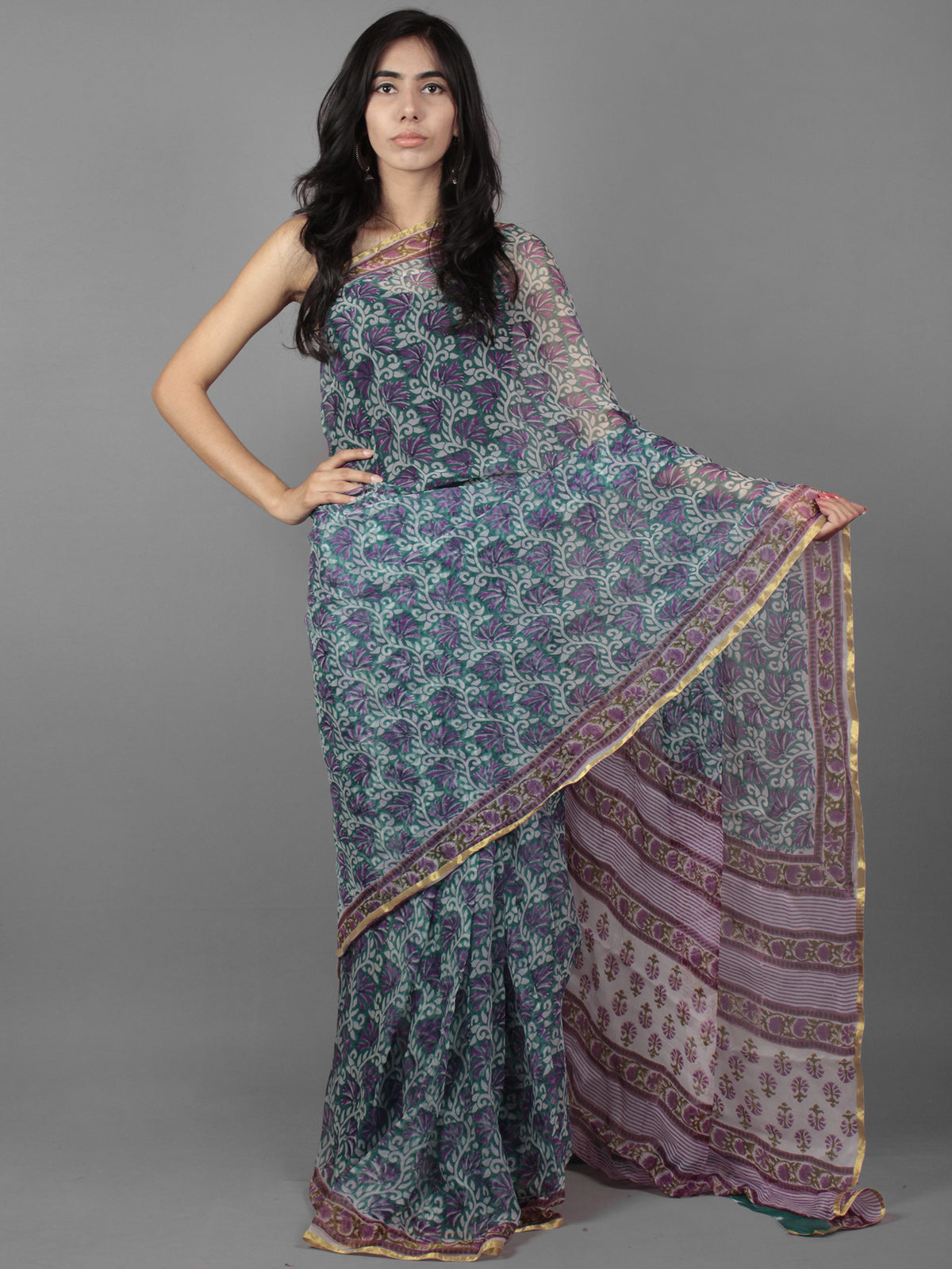 Teal Green Lavender Ivory Hand Block Printed Chiffon Saree - S031701895