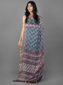 Teal Green Lavender Ivory Hand Block Printed Chiffon Saree - S031701895