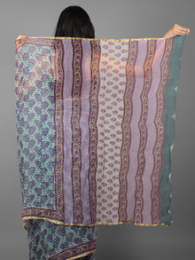 Teal Green Lavender Ivory Hand Block Printed Chiffon Saree - S031701895