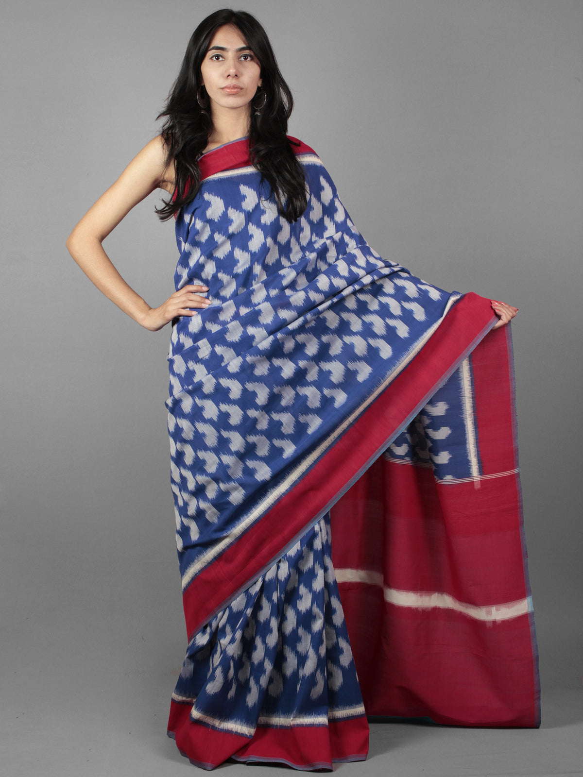 Royal Blue Ivory Maroon Ikat Handwoven Cotton Saree - S031701920