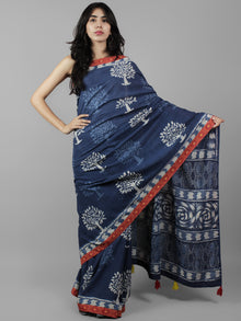 Indigo Ivory Hand Block Printed Cotton Saree With Ajrakh Printed Border & Tassels - S031702059