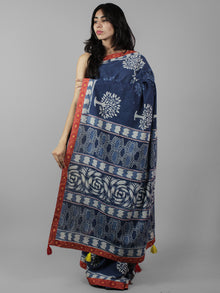 Indigo Ivory Hand Block Printed Cotton Saree With Ajrakh Printed Border & Tassels - S031702059