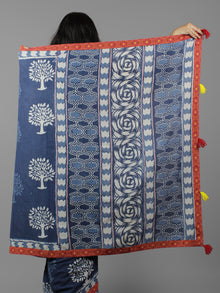 Indigo Ivory Hand Block Printed Cotton Saree With Ajrakh Printed Border & Tassels - S031702059