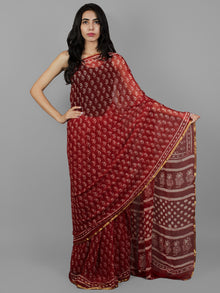 Cherry Red Ivory Hand Block Printed Chiffon Saree - S031702070