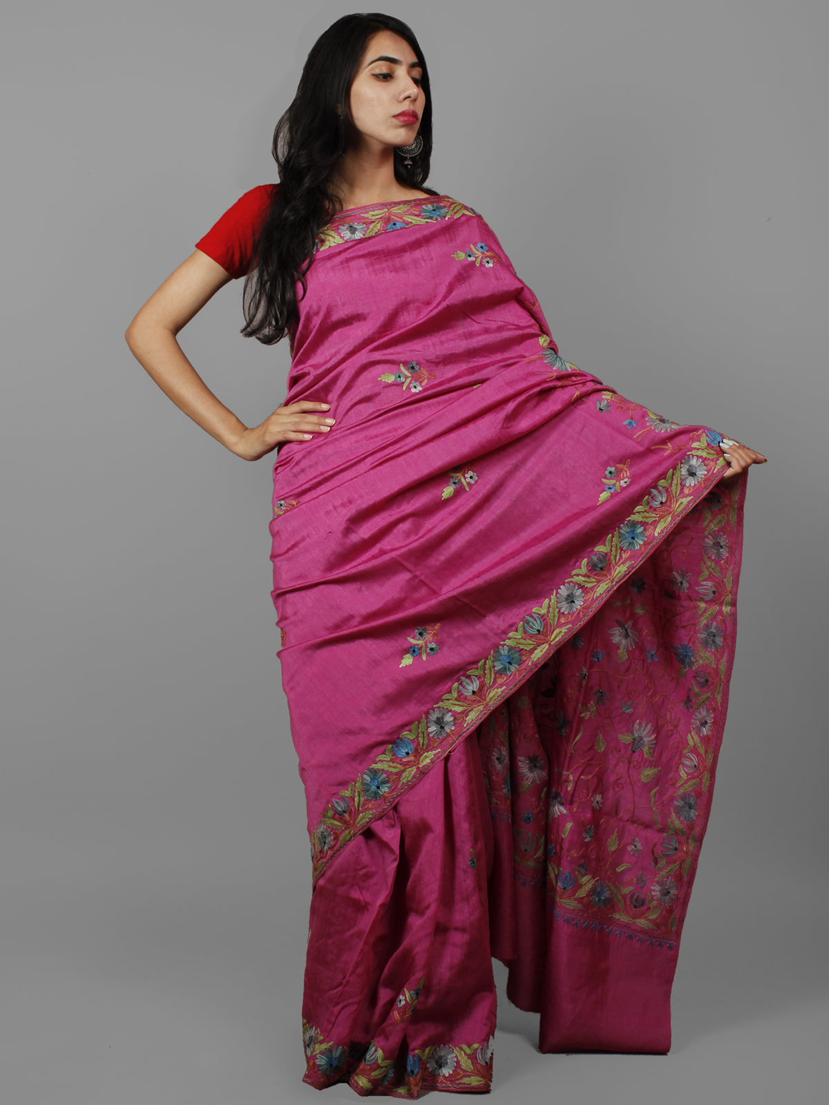 Magenta Green Blue Brown Aari Embroidered Bhagalpuri Silk Saree From Kashmir  - S031702155