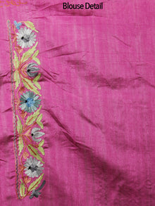 Magenta Green Blue Brown Aari Embroidered Bhagalpuri Silk Saree From Kashmir  - S031702155