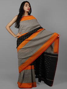 Orange Black Grey Ikat Handwoven Pochampally Cotton Saree - S031702181