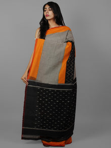 Orange Black Grey Ikat Handwoven Pochampally Cotton Saree - S031702181