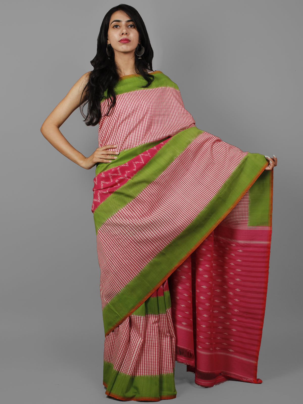 Pink Green Ivory Ikat Handwoven Pochampally Cotton Saree - S031702182