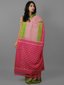 Pink Green Ivory Ikat Handwoven Pochampally Cotton Saree - S031702182