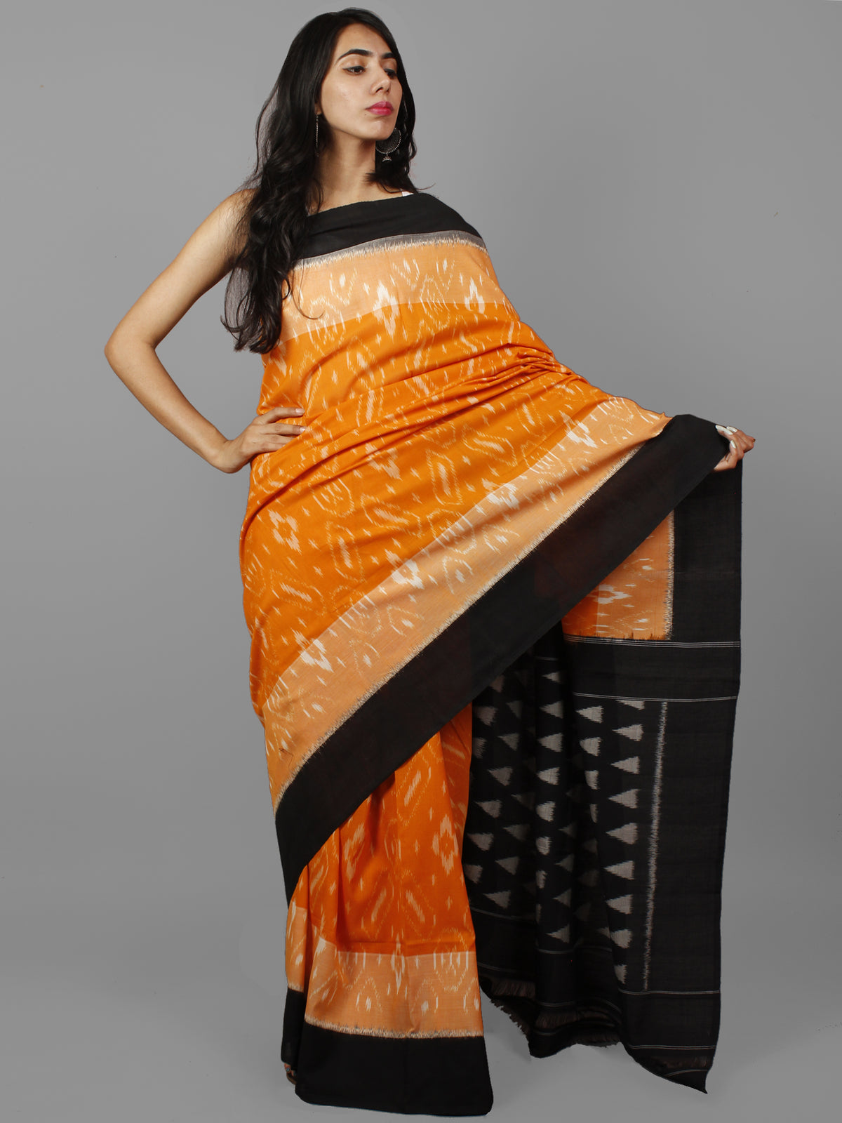 Orange Ivory Black Ikat Handwoven Pochampally Mercerized Cotton Saree - S031702176