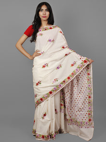 Ivory Lavender Green Red Aari Embroidered Cotton Saree From Kashmir  - S031702171