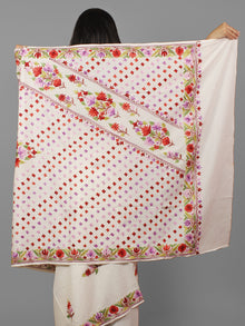 Ivory Lavender Green Red Aari Embroidered Cotton Saree From Kashmir  - S031702171