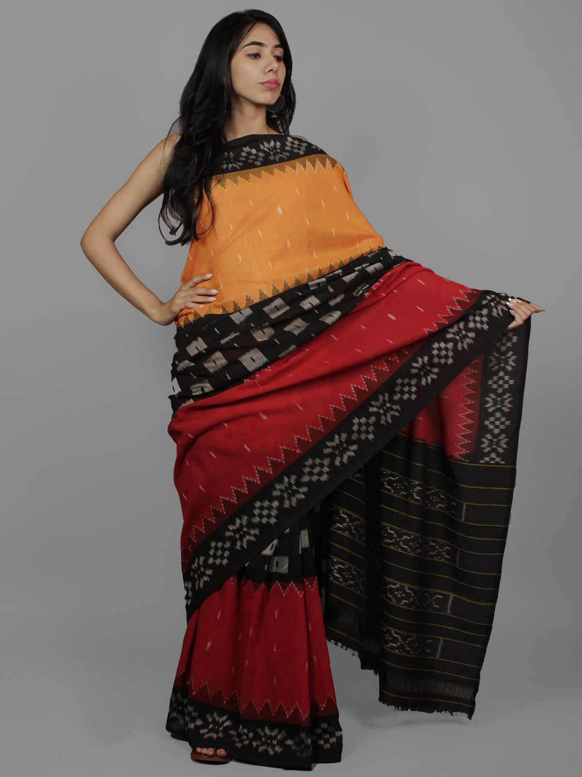 Orange Red Black Grey Ikat Handwoven Pochampally Mercerized Cotton Saree - S031702215