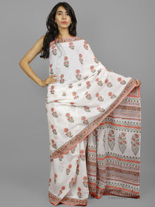 Ivory Peach Green Hand Block Printed Cotton Saree in Natural Colors - S031702241