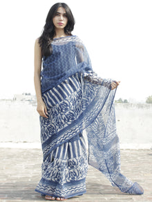 Indigo Ivory Hand Block Printed Kota Doria Saree in Natural Colors - S031702257